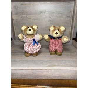 Vtg Furskins Set Of‎ 2 Teddy Bear Plush Farmer Overalls  Girl In Dress 7 In 1986